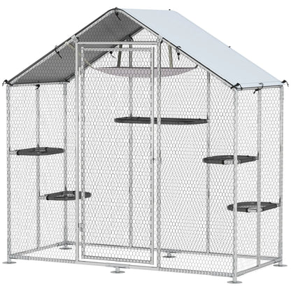 Large Cat Enclosure, Waterproof Cover, 5 Platforms, Hammock Outdoor Cat Enclosures Silver at Gallery Canada