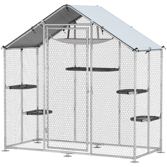 Large Cat Enclosure, Waterproof Cover, 5 Platforms, Hammock Outdoor Cat Enclosures Silver at Gallery Canada
