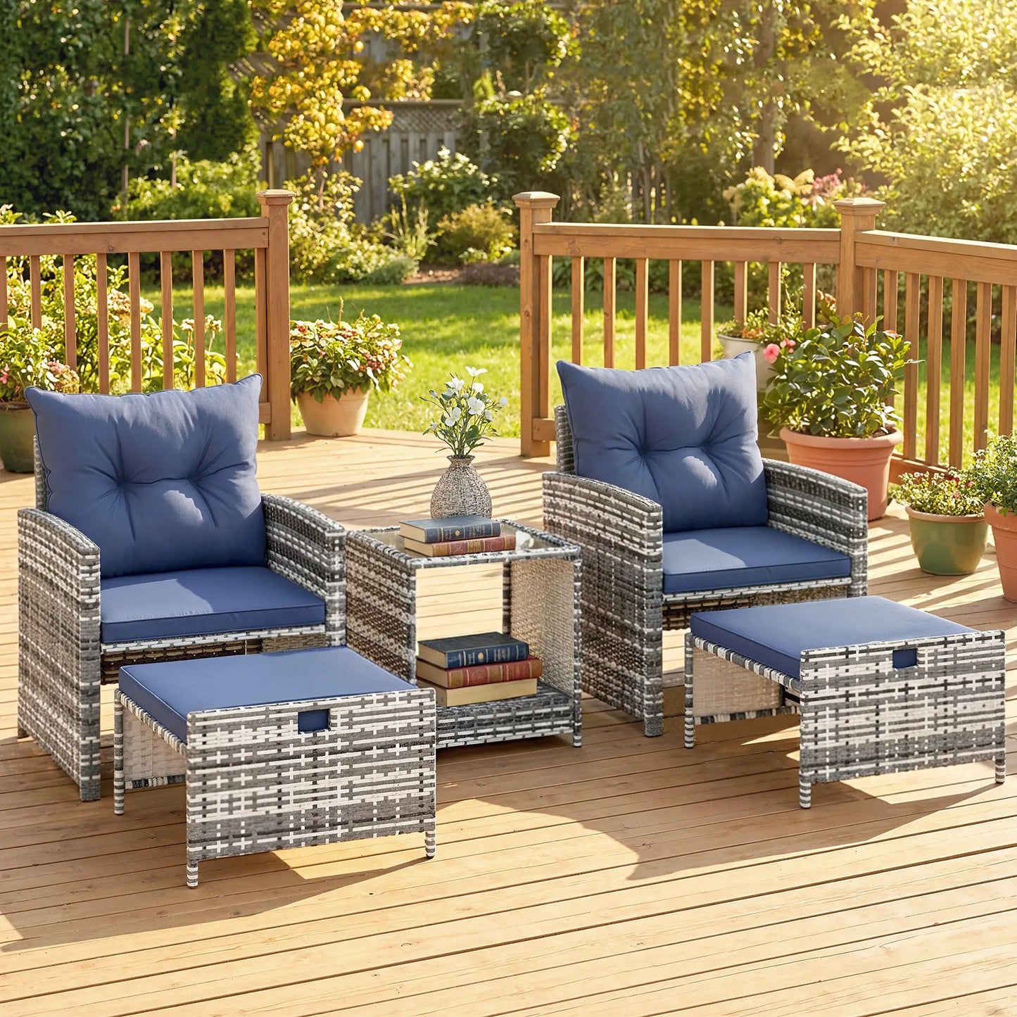 5 Piece Patio Furniture Set, Wicker Chairs With Ottomans, 2-Tier Glass Coffee Table, Grey/Dark Blue Patio Furniture Sets at Gallery Canada
