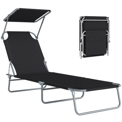 Adjustable Folding Chaise Lounge, Outdoor Tanning Chair with Sun Shade, Black Lounger Chairs Black at Gallery Canada