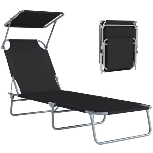 Adjustable Folding Chaise Lounge, Outdoor Tanning Chair with Sun Shade, Black