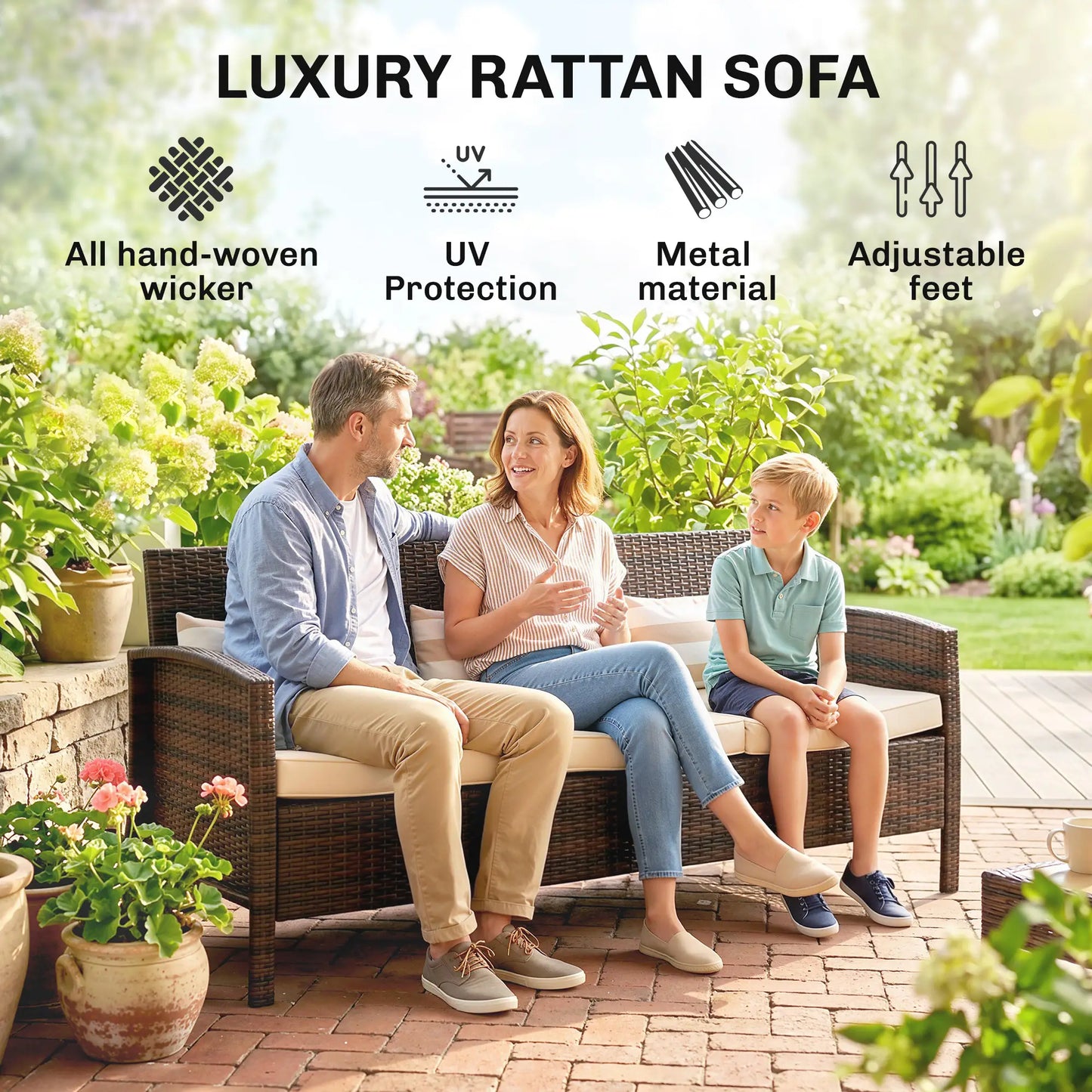 3-Seater Wicker Sofa, PE Rattan Outdoor Couch, Removable Cushions, Brown Patio Furniture Sets at Gallery Canada