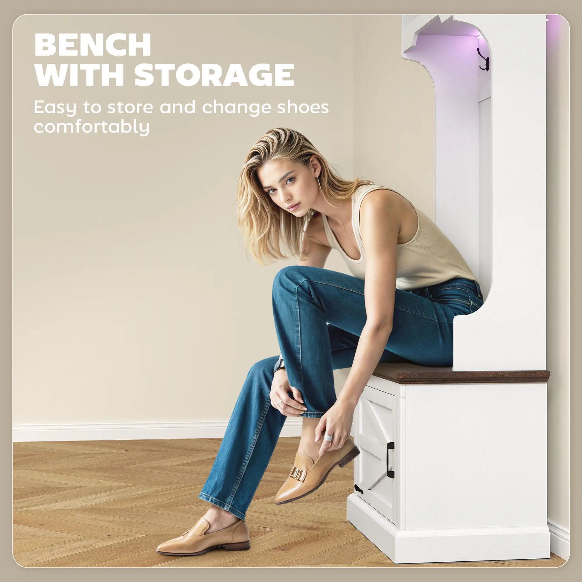 3-in-1 Hall Tree, LED Lights, Bench, Coat Rack, Shoe Storage, White Wood Grain, White Clothing Storage at Gallery Canada