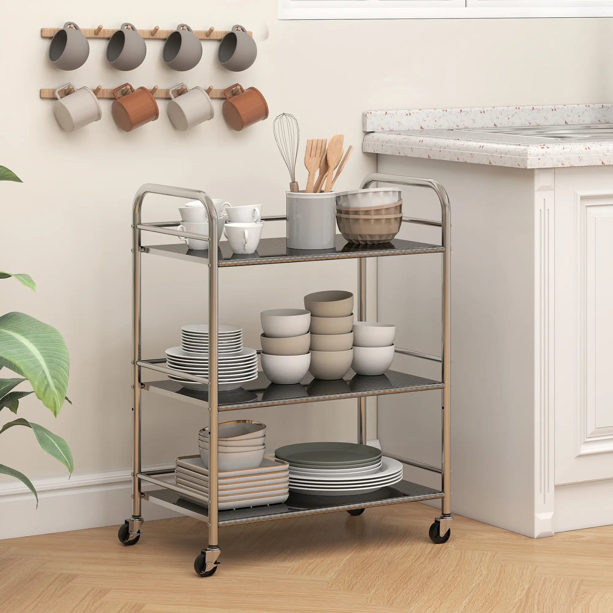 3 Tier Stainless Steel Rolling Cart, Adjustable Shelf, Wheels, Silver Kitchen Islands & Kitchen Carts at Gallery Canada