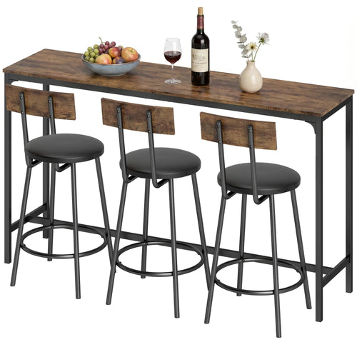 Bar Table Set, 4 PU Cushioned Barstools, Rustic Brown