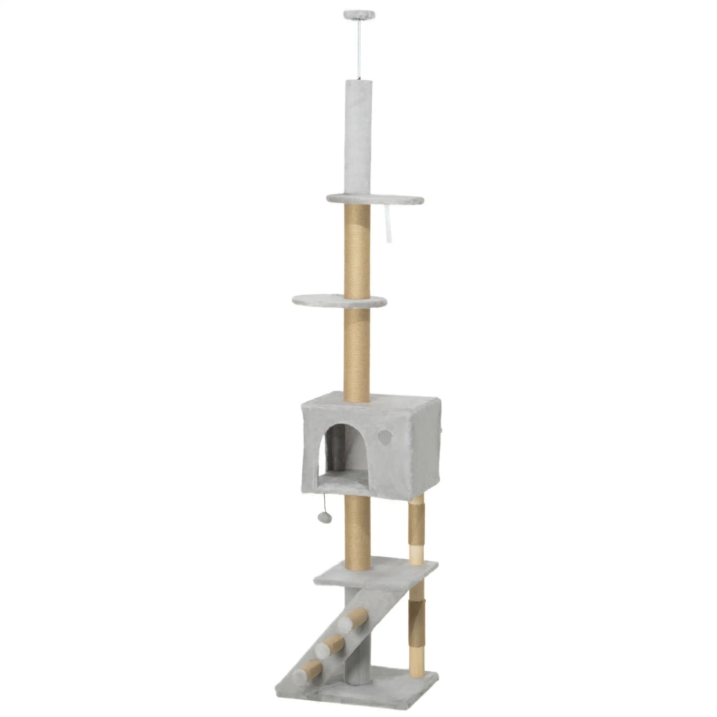 89"-104" Cat Tree, Scratching Post, Cat House, 3-Steps, Hanging Ball, Light Grey Floor to Ceiling Cat Trees Light Grey at Gallery Canada