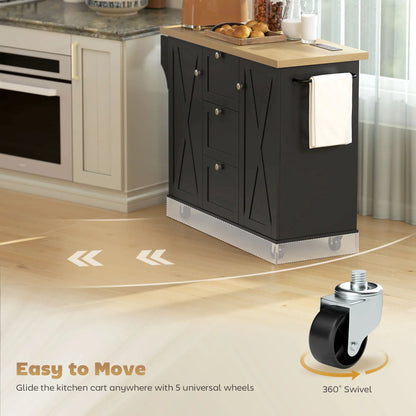 Farmhouse Kitchen Island Cart with Power Outlet, 49 Inch, Black Kitchen Islands & Kitchen Carts at Gallery Canada