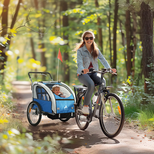 2-in-1 Bike Trailer for Kids, Foldable 2-Seat Stroller, Blue