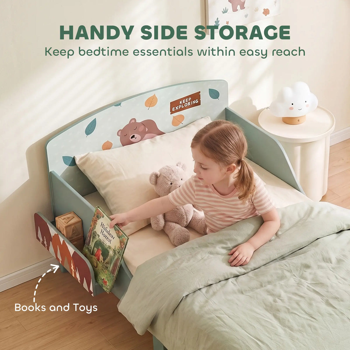 Toddler Bed with Storage, Guard Rails, 132x70x10cm, Green Bear Print