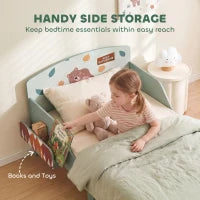 Toddler Bed with Storage, Guard Rails, 132x70x10cm, Green Bear Print