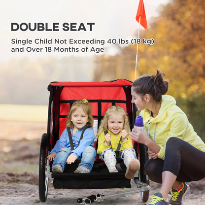 2-Seat Child Bike Trailer, Steel Frame, 5-Point Harness, Red