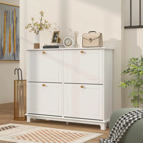 Modern Shoe Storage Cabinet, 4 Flip Drawers, Adjustable Shelves, White