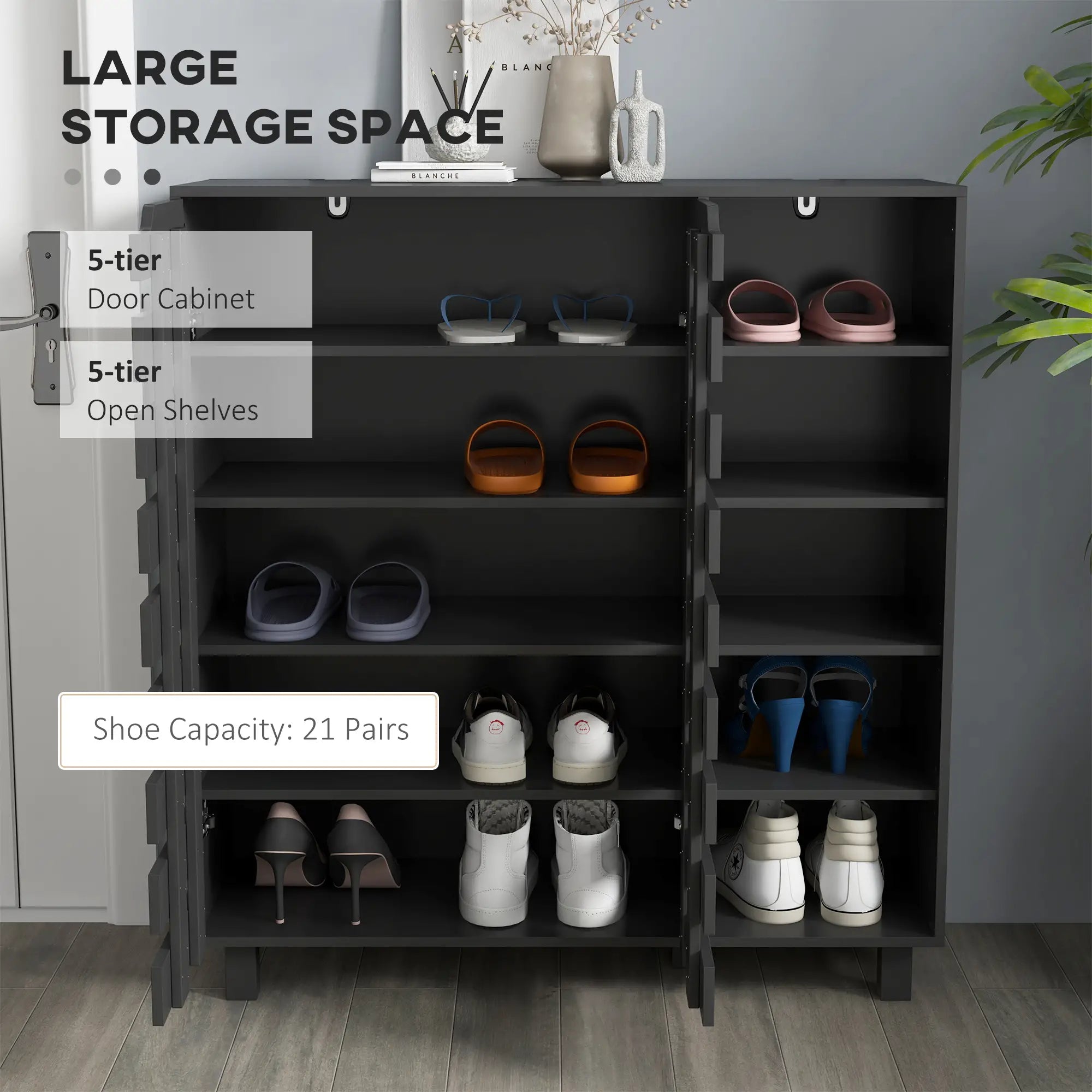 21 Pair Shoe Cabinet, 5-Tier Double Door, 5-Tier Open Shelves, Black Shoe Storage Cabinets & Racks at Gallery Canada