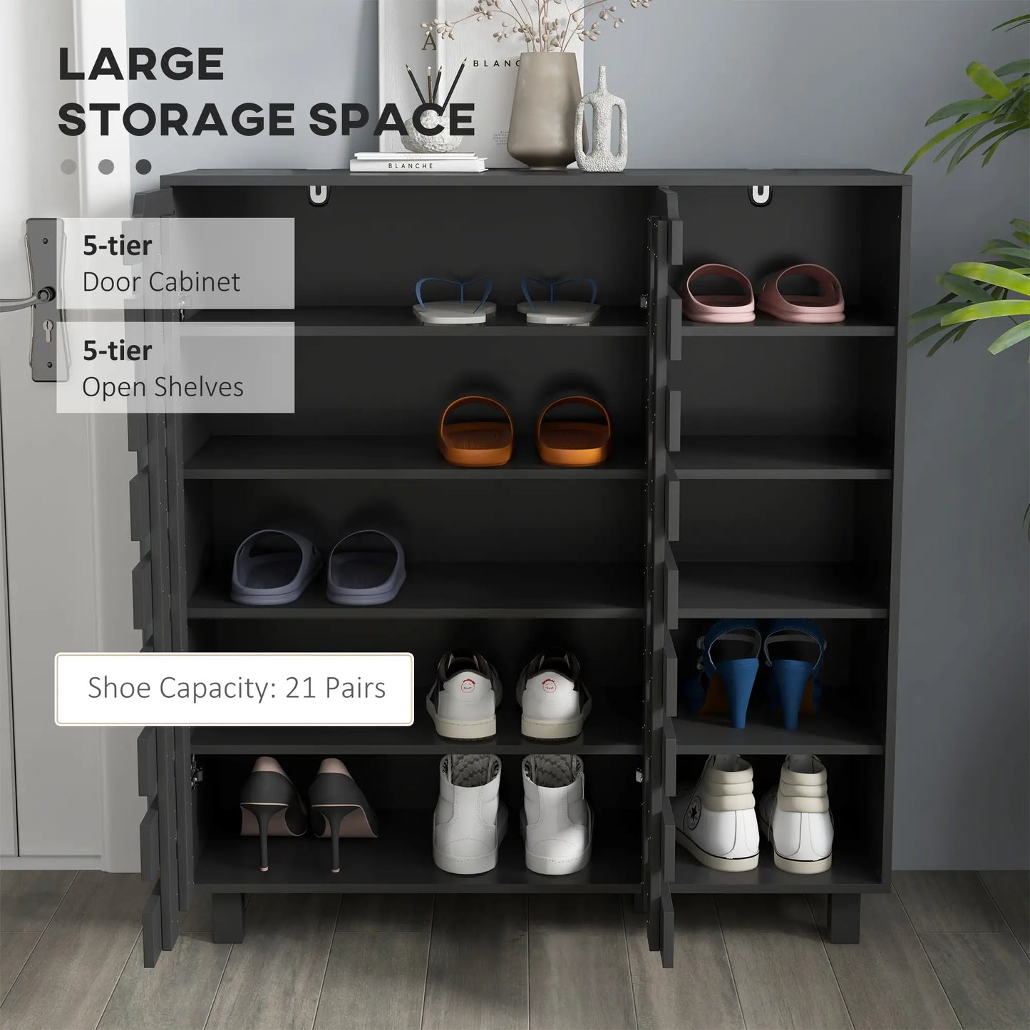 21 Pair Shoe Cabinet, 5-Tier Double Door, 5-Tier Open Shelves, Black Shoe Storage Cabinets & Racks at Gallery Canada