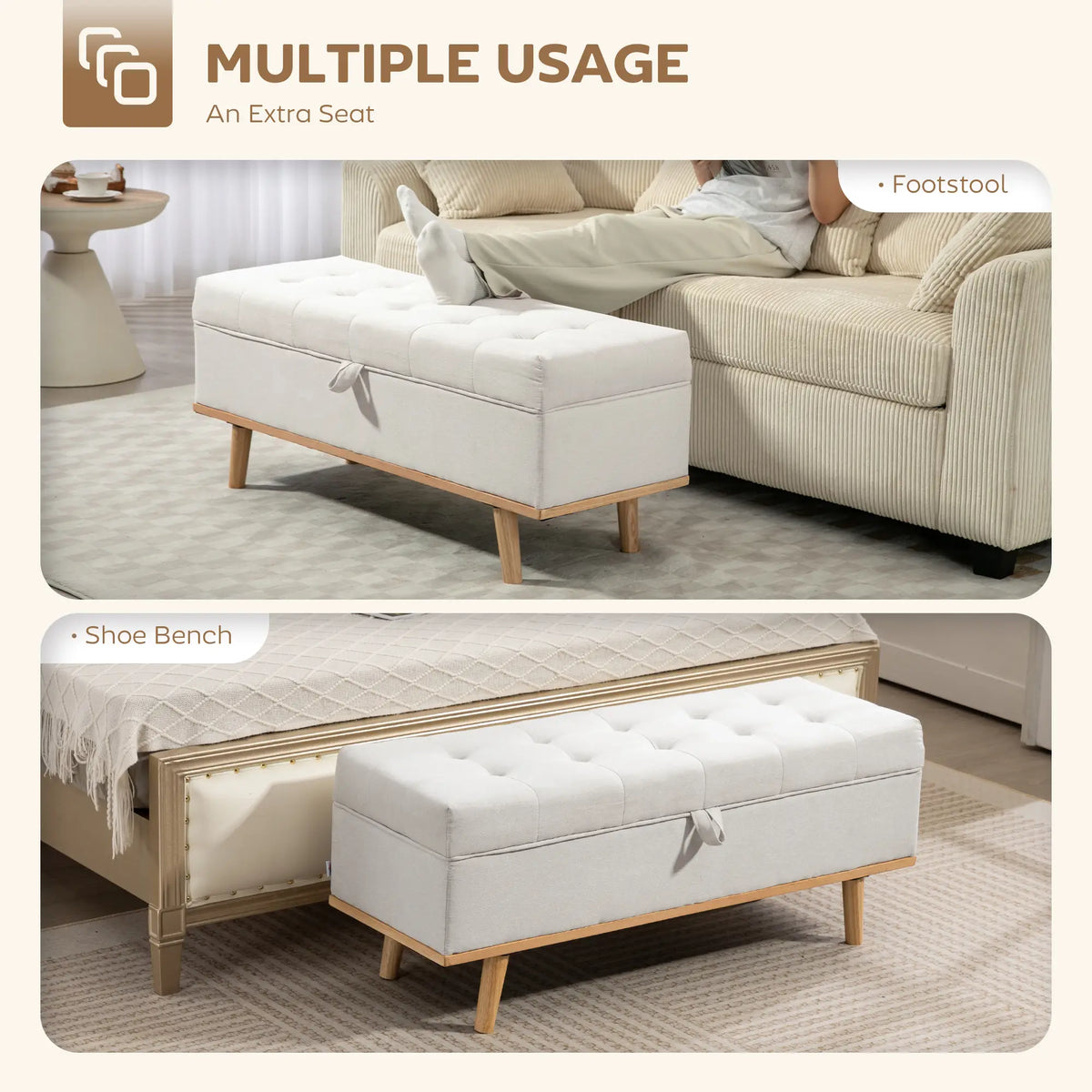 Storage Ottoman Bench with Lift-Up Lid, Wood Legs, Cream White Storage Ottomans & Benches at Gallery Canada