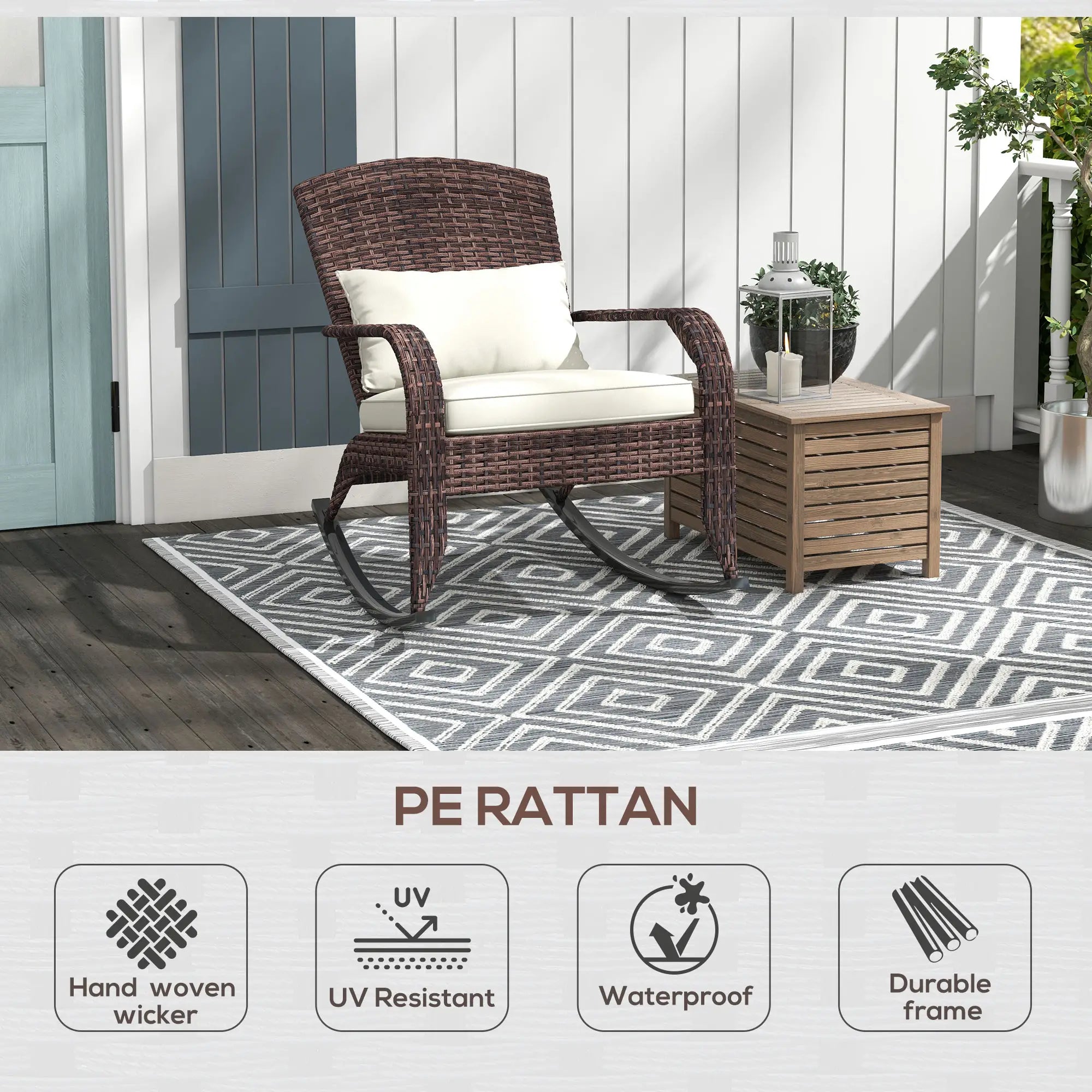Outdoor Wicker Rocking Chair, High Back, Seat Cushion, Cream/Brown Outdoor Rocking Chairs at Gallery Canada