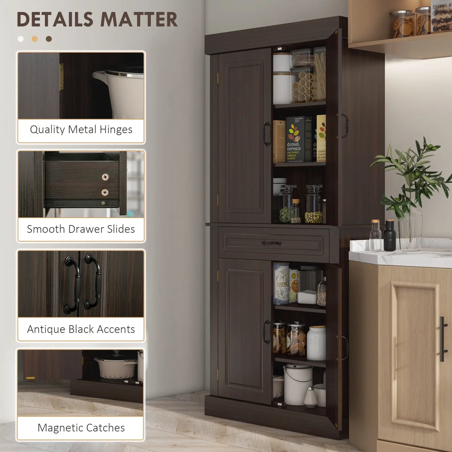 71" Freestanding Kitchen Pantry, 4 Doors 2 Cabinets, Distressed Coffee Kitchen Pantry Cabinets at Gallery Canada