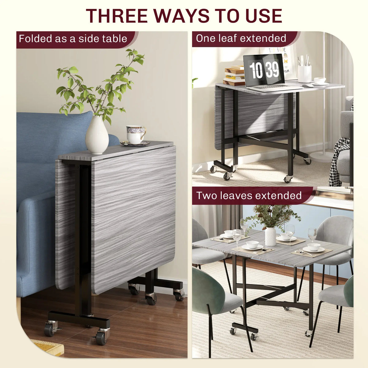 6-Seater Drop-Leaf Dining Table With Wheels, Grey, Grey Dining Tables at Gallery Canada