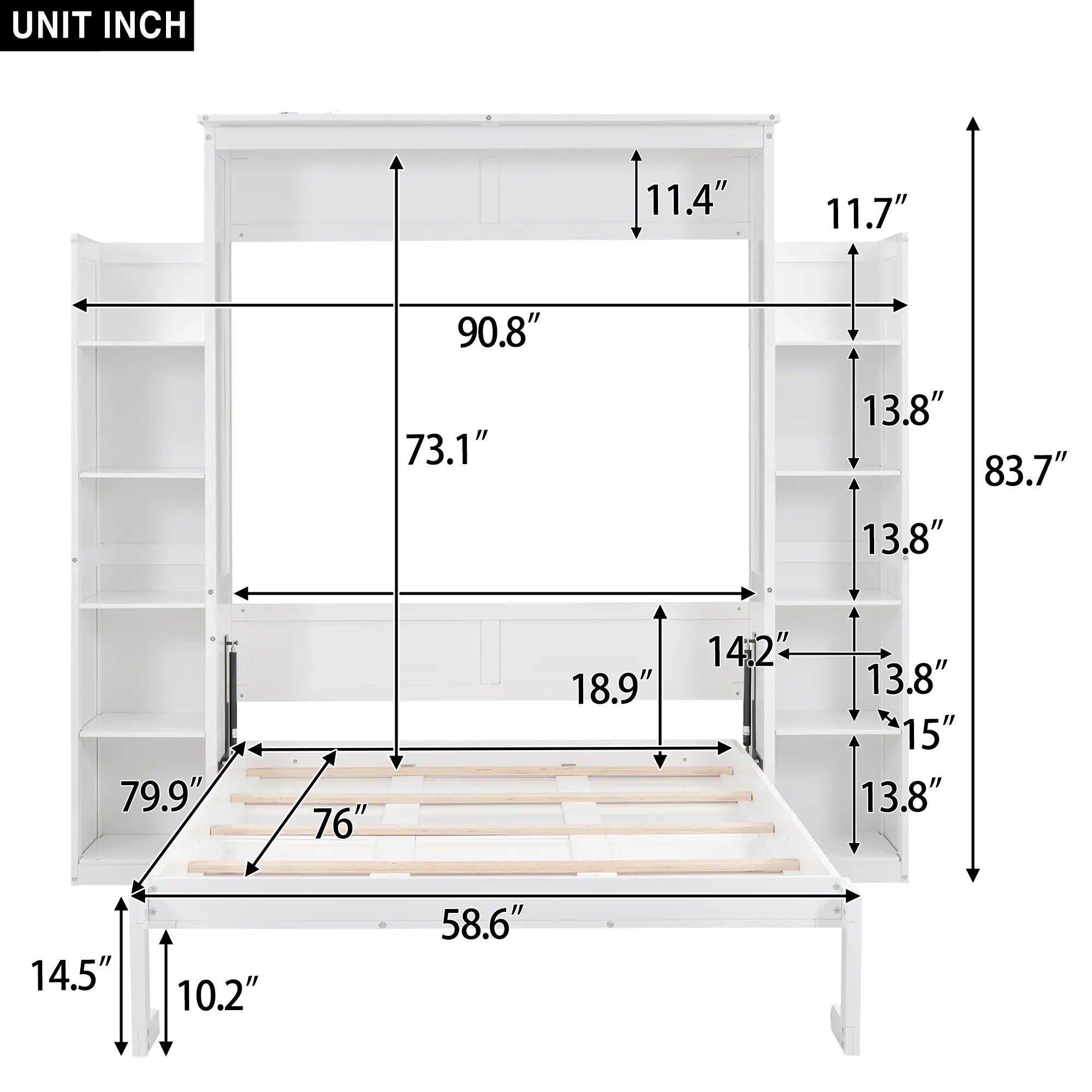 Murphy Bed with Shelves, LED Lights, 91