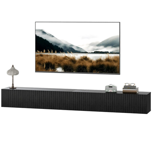 71 Inch Floating TV Stand, Wall Mount Media Console, 2 Fluted Doors, Black TV Stands Black at Gallery Canada