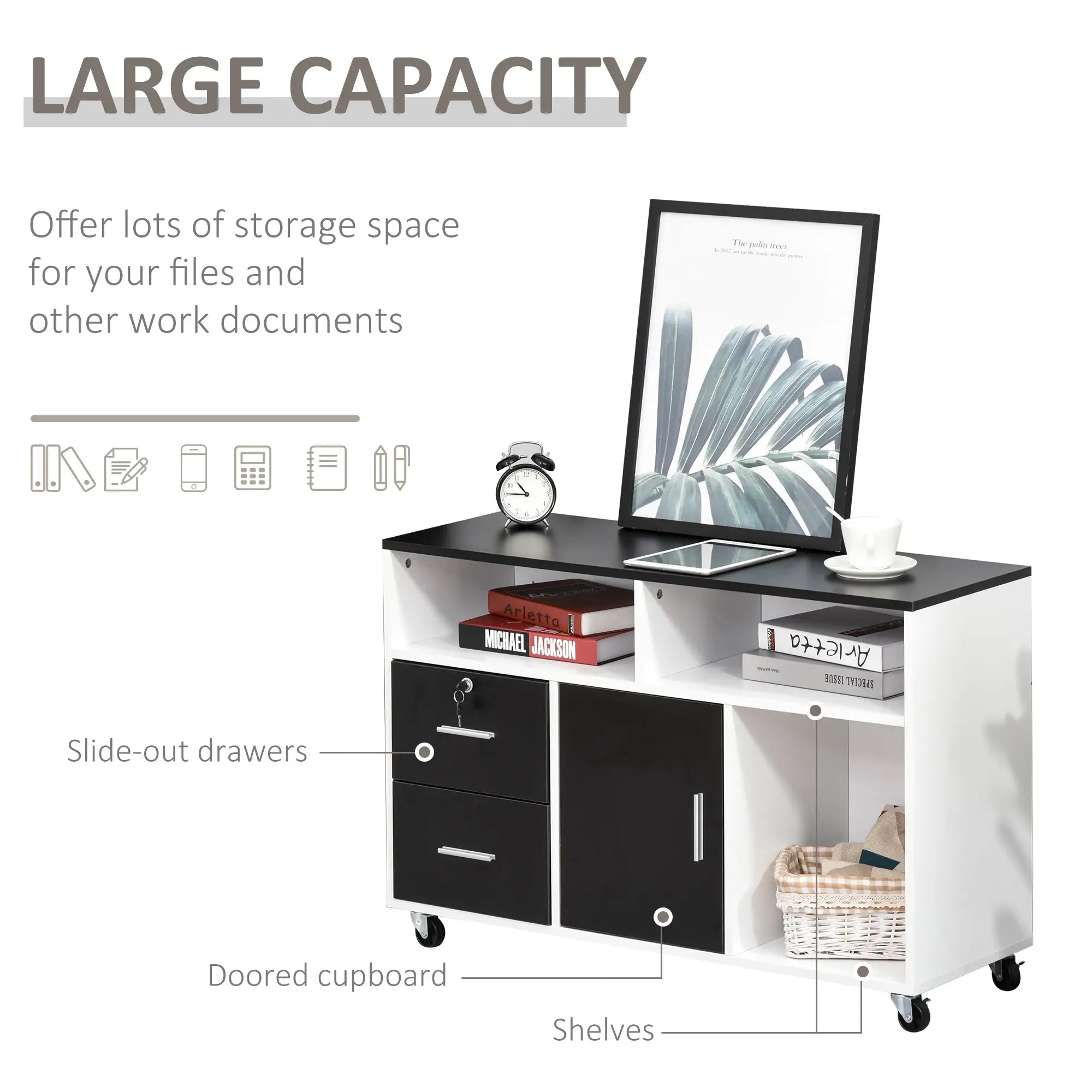 Lateral Filing Cabinet, Mobile with Wheels, Lockable Drawer, Black Office Cabinets & Cupboards at Gallery Canada