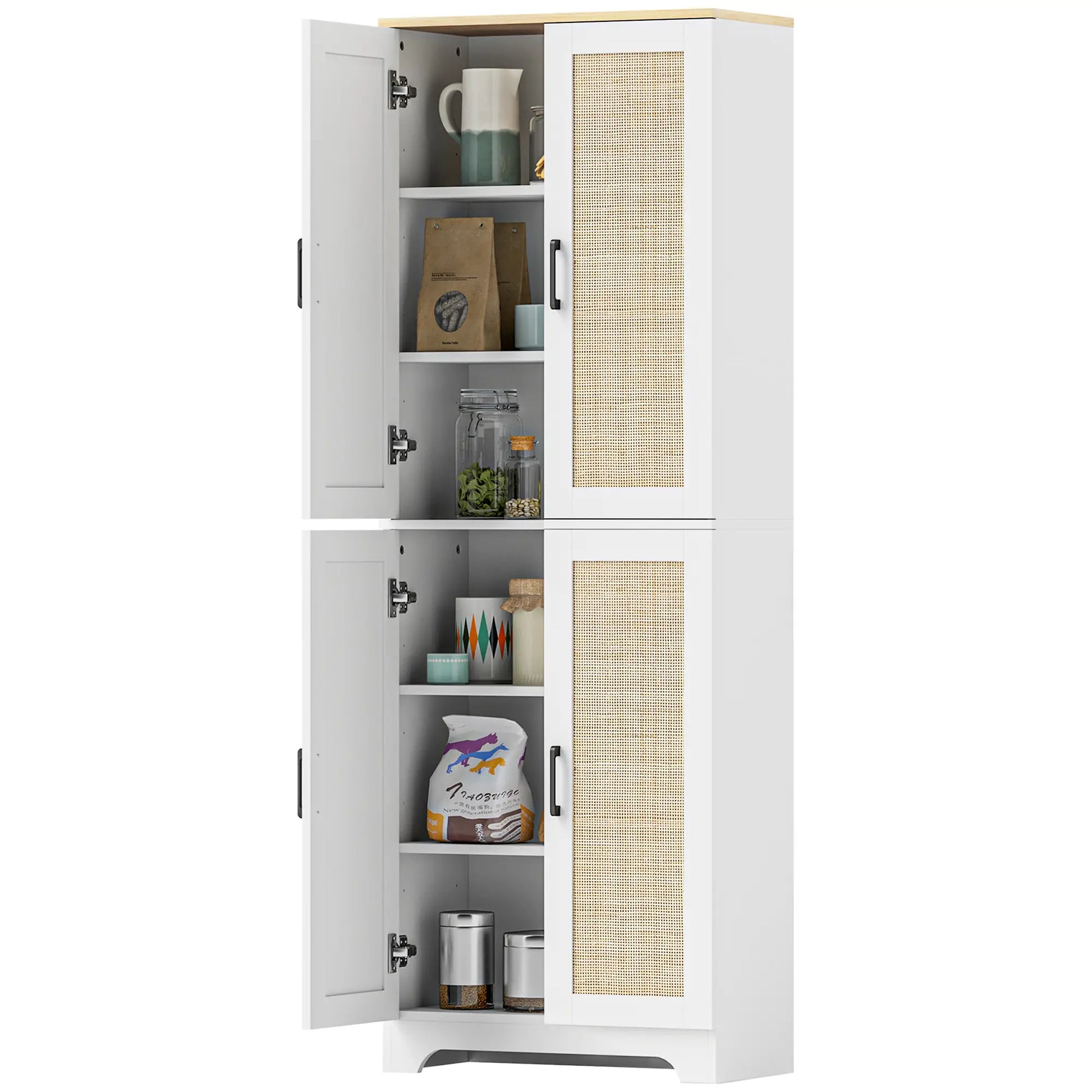 67" Tall Kitchen Pantry, Freestanding Cabinet, 4 Rattan Doors, Adjustable Shelves, White Storage Cabinets White at Gallery Canada