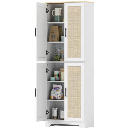 67" Tall Kitchen Pantry, Freestanding Cabinet, 4 Rattan Doors, Adjustable Shelves, White Storage Cabinets White at Gallery Canada