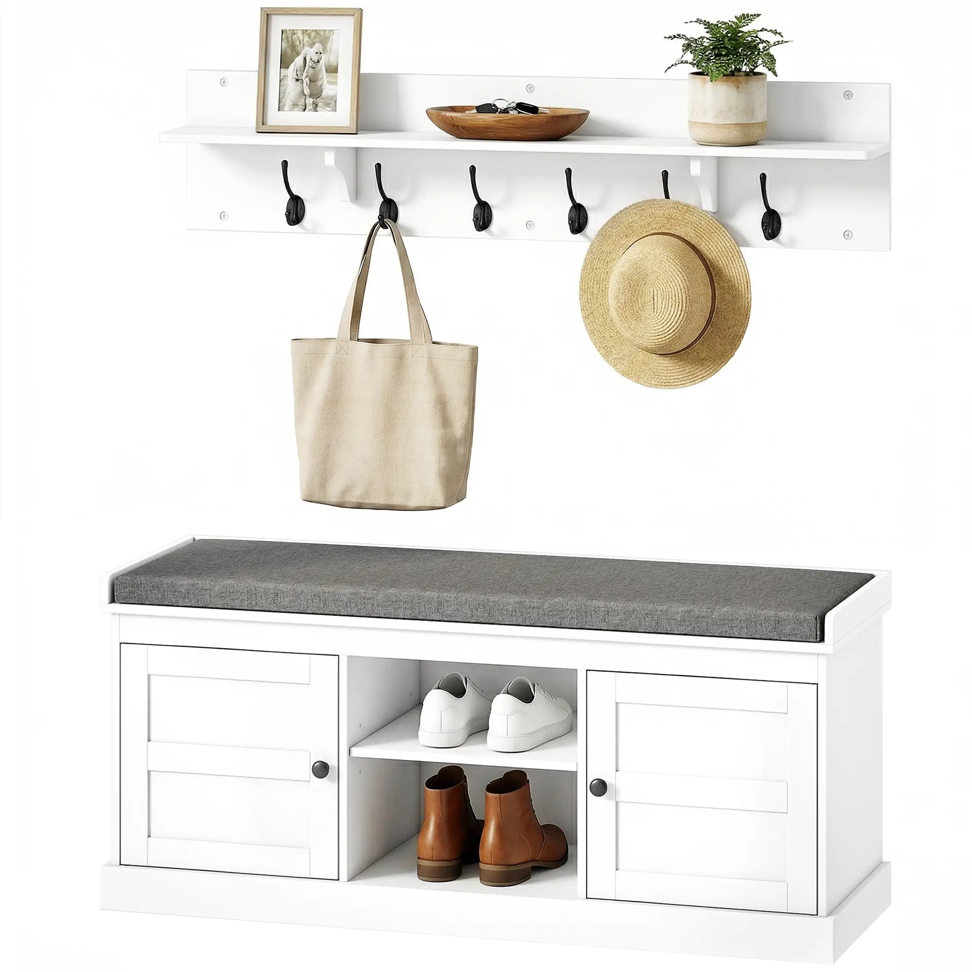 2-in-1 Coat Rack Shoe Bench With 6 Hooks, White Grey Shoe Storage Cabinets & Racks White, Grey at Gallery Canada
