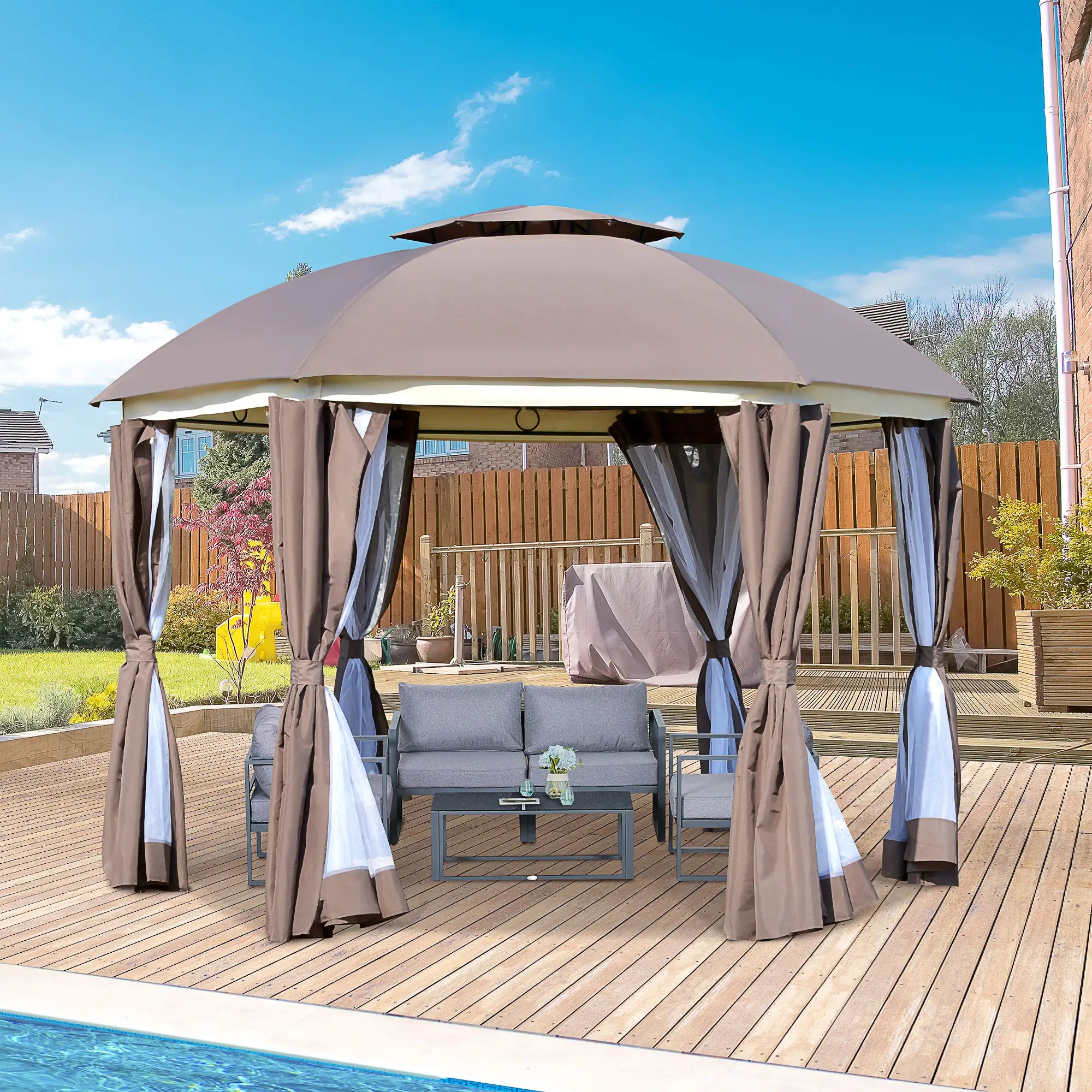 12' x 12' Outdoor Gazebo, Dome Patio with Netting, Brown Gazebos at Gallery Canada