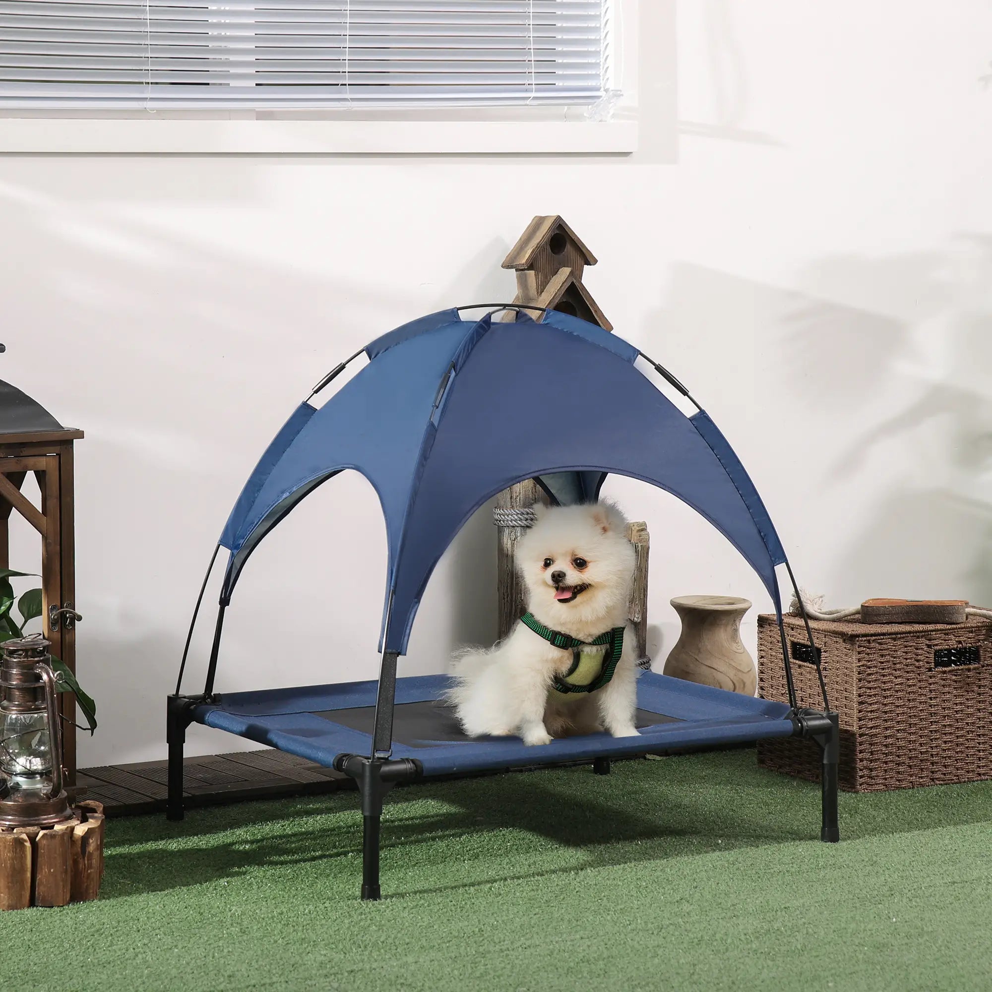 Portable Raised Dog Cot with Canopy, Medium Size, Dark Blue Elevated Dog Beds at Gallery Canada