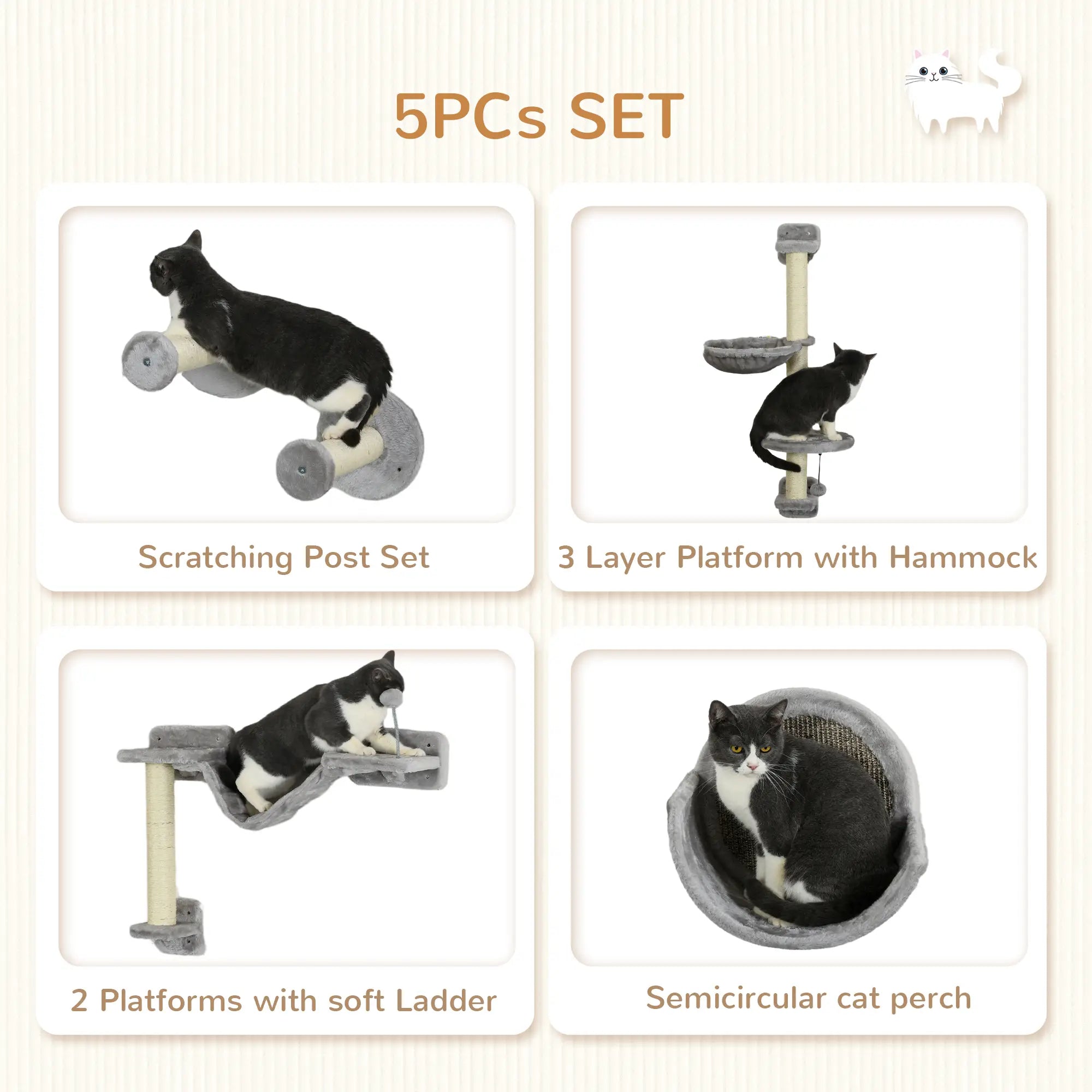 5PCs Cat Wall Shelves, Hammock, Scratching Posts, Perches, Ladder, Light Grey Cat Climbing Wall at Gallery Canada