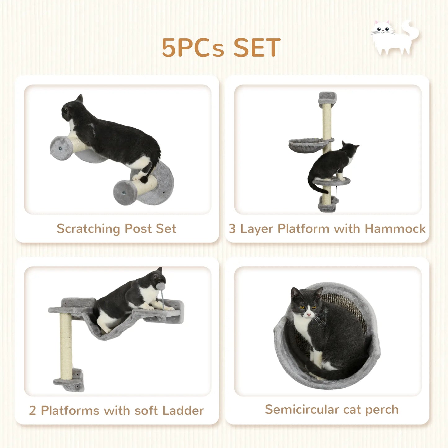 5PCs Cat Wall Shelves, Hammock, Scratching Posts, Perches, Ladder, Light Grey Cat Climbing Wall at Gallery Canada