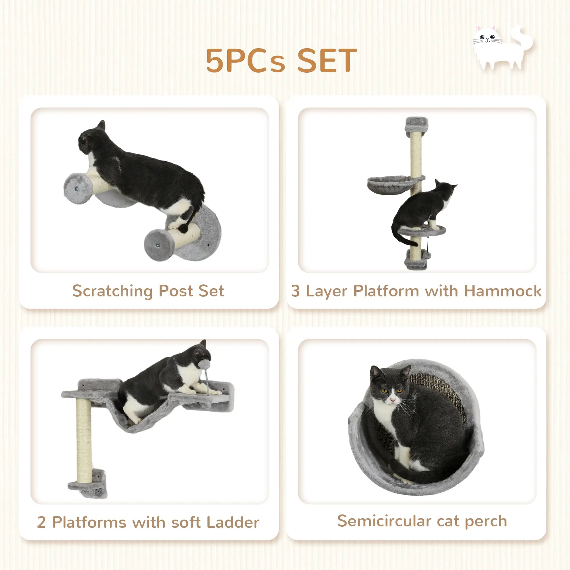 5PCs Cat Wall Shelves, Hammock, Scratching Posts, Perches, Ladder, Light Grey Cat Climbing Wall at Gallery Canada