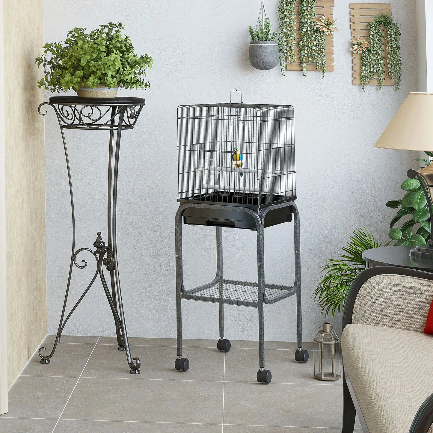 44.5"H Metal Bird Cage, Parrot Play Stand, Wheel, Storage Shelf, Black Bird Cages at Gallery Canada