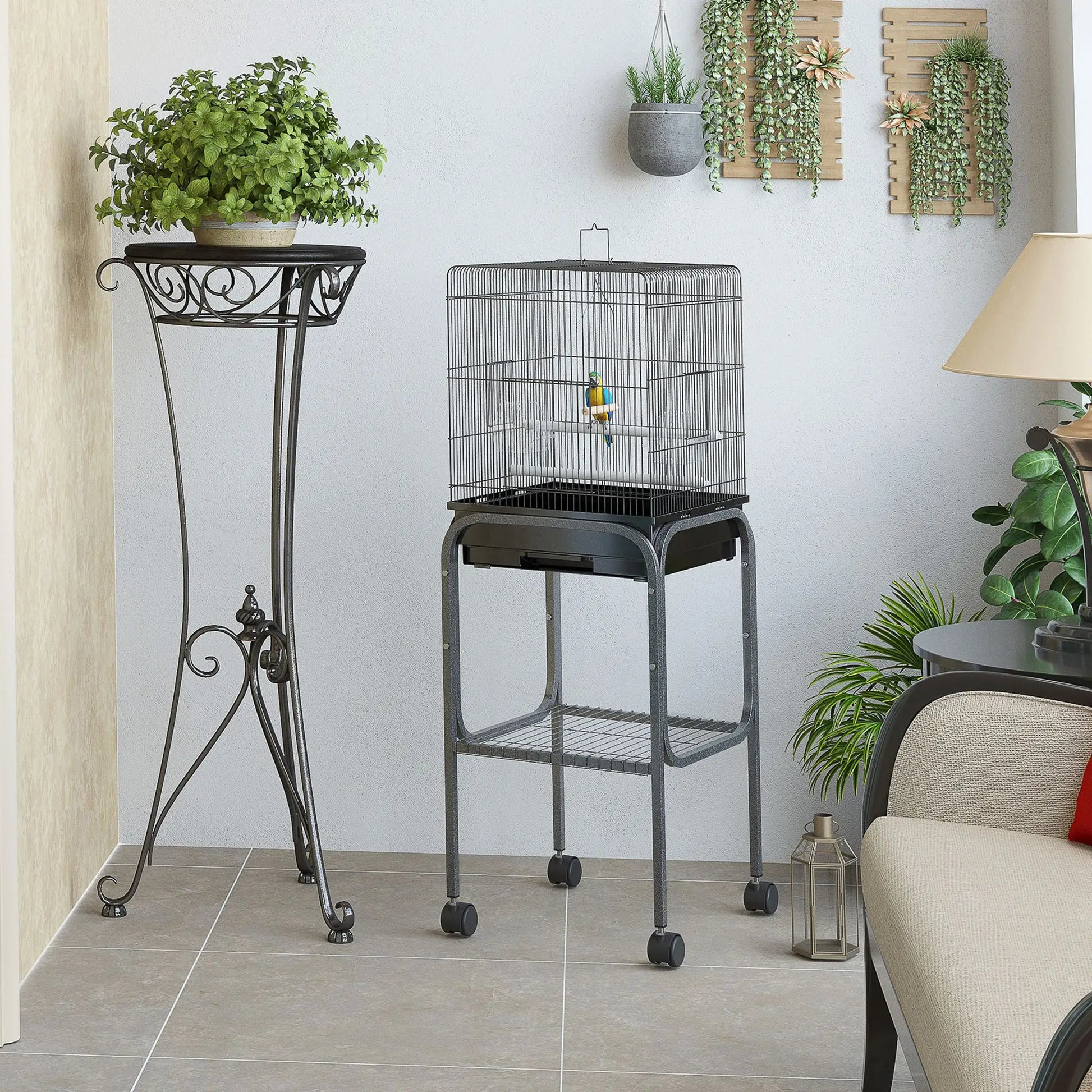 44.5"H Metal Bird Cage, Parrot Play Stand, Wheel, Storage Shelf, Black Bird Cages at Gallery Canada