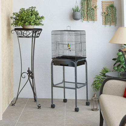 44.5"H Metal Bird Cage, Parrot Play Stand, Wheel, Storage Shelf, Black Bird Cages at Gallery Canada