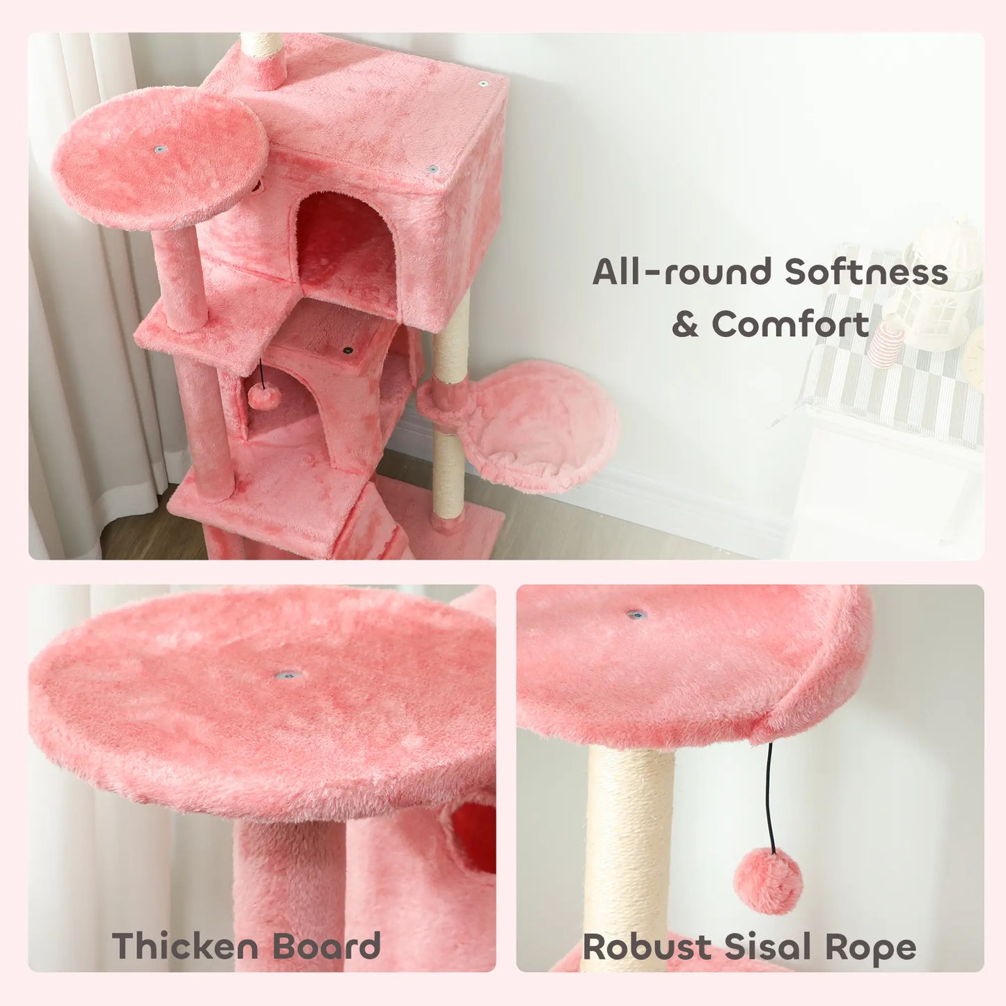63 Inch Cat Tree with Sisal Posts, Condos, Perches, Hammock, Pink Cat Towers at Gallery Canada