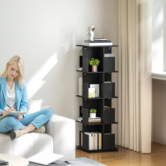 360° Rotating Bookcase, 4 Tier Bookshelf with 16 Cubbies, Black Wood Grain, Black