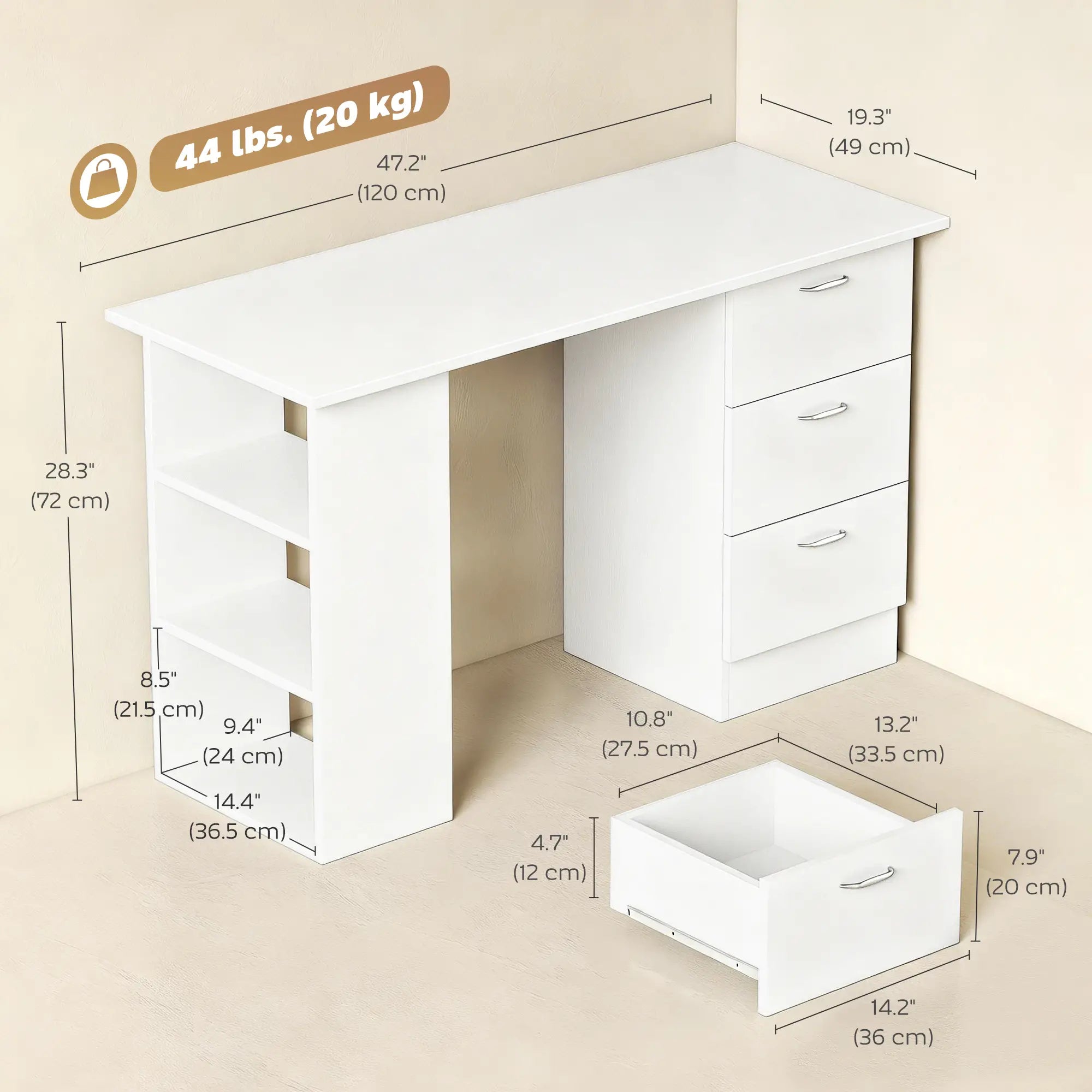 47 Inches Office Desk, 3-Tier Storage Shelves, Drawers, White Writing Desks at Gallery Canada