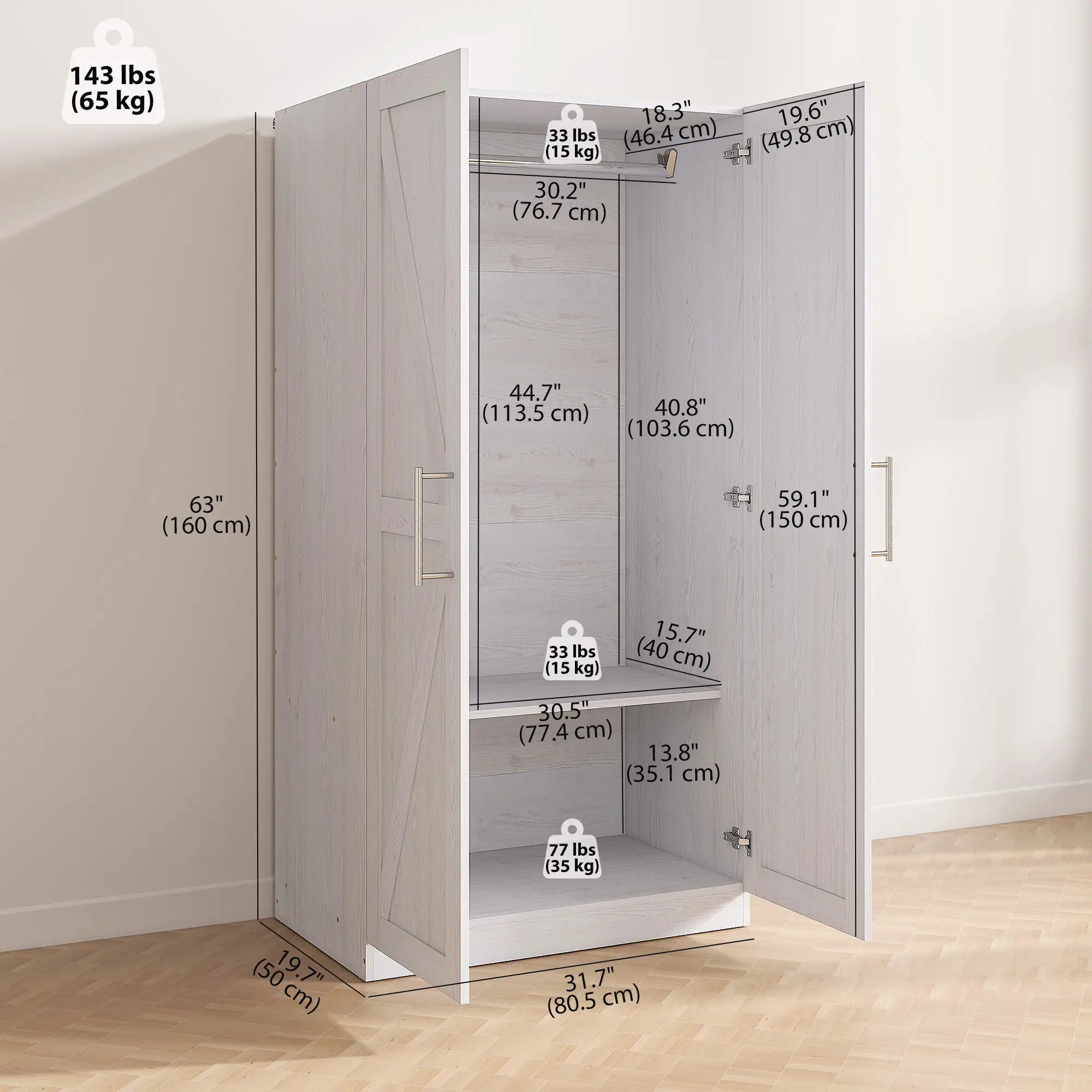 Farmhouse Armoire Wardrobe, 2 Barn Doors, White Wood Effect, White Clothing Storage at Gallery Canada