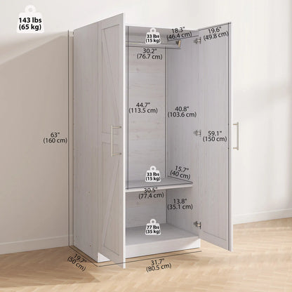 Farmhouse Armoire Wardrobe, 2 Barn Doors, White Wood Effect, White Clothing Storage at Gallery Canada