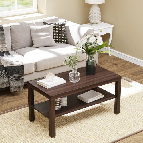 2 Tier Coffee Table with Storage Shelf, Rectangular Center Table for Living Room, Home Office Furniture Walnut