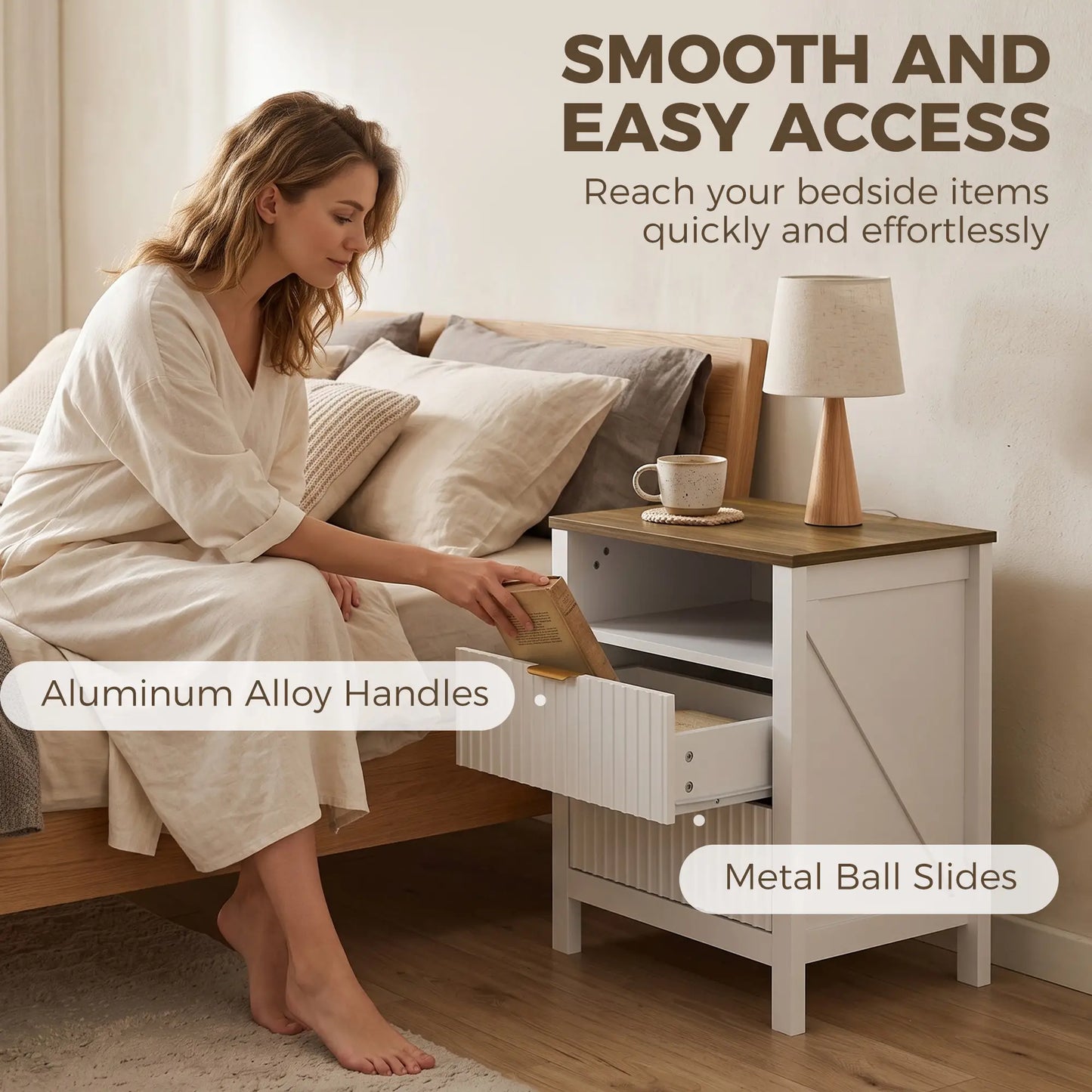 Nightstand With 2 Fluted Drawers, Open Shelf, Anti-Tipping, White Walnut, White Walnut