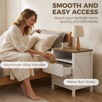 Nightstand With 2 Fluted Drawers, Open Shelf, Anti-Tipping, White Walnut, White Walnut