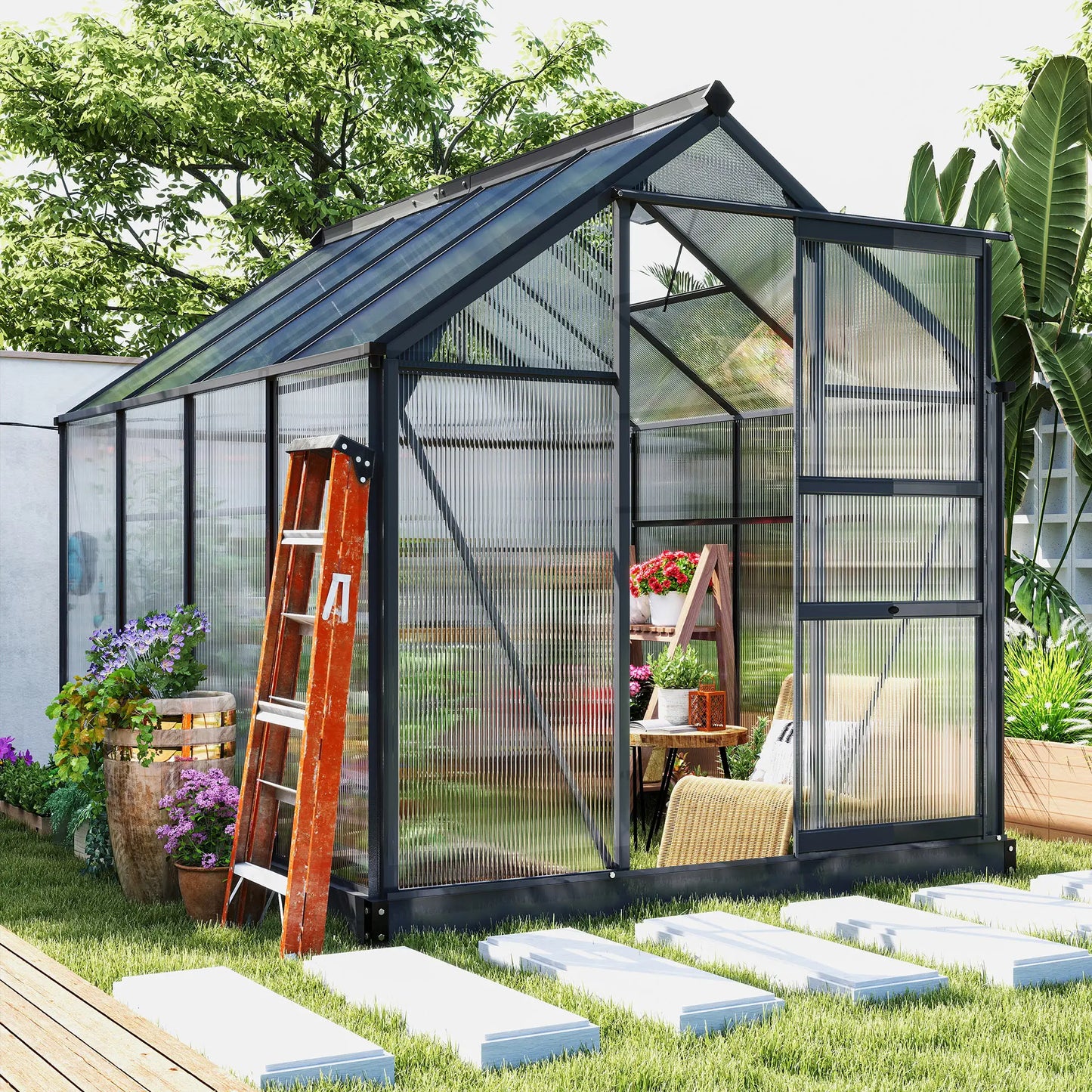 Greenhouse Garden, Outdoor Kit, PC Board Sliding Door, 6.2' x 8.3' x 6.6', Grey Walk In Greenhouses at Gallery Canada