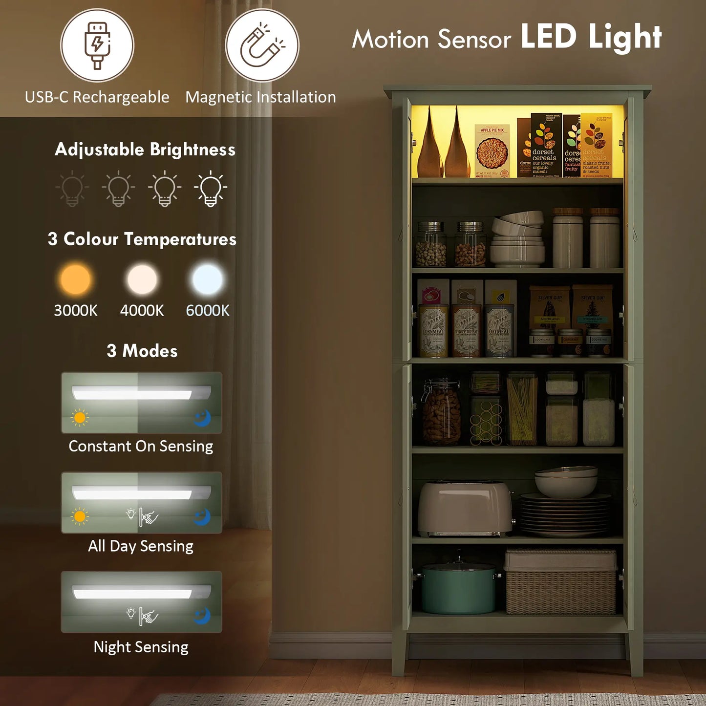 69.5" Tall Kitchen Pantry Cabinet, Motion Sensor LED Light, Green Kitchen Pantry Cabinets at Gallery Canada