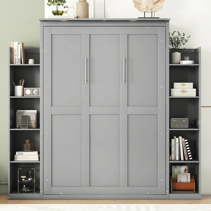 Murphy Bed with Shelves, LED Lights, Space-Saving Wall Bed, 91" L x 81" W x 84" H, Grey Bed Frames at Gallery Canada