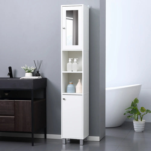 Tall Bathroom Storage Cabinet with Mirror, Adjustable Shelves, White