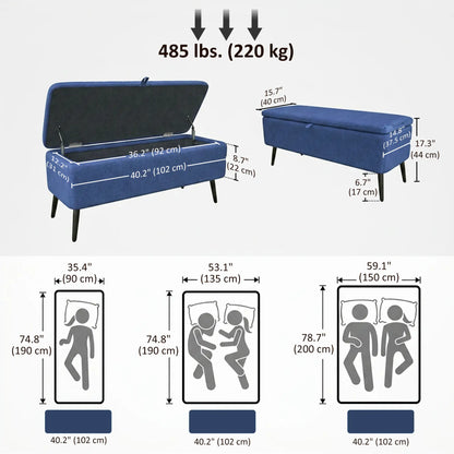 40" Ottoman with Storage, Linen Upholstered Bench, Dark Blue Storage Ottomans & Benches at Gallery Canada