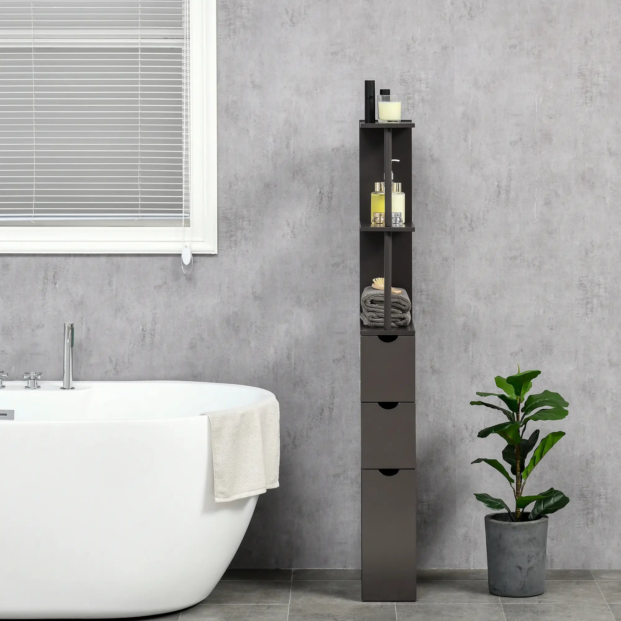 Tall Narrow Bathroom Storage Cabinet with Drawers, Open Shelves, Brown Bathroom Cabinets at Gallery Canada